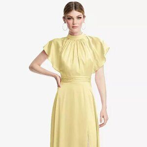 Dessy Shirred Stand Collar Flutter Sleeve Open-Back Maxi Dress with Sash